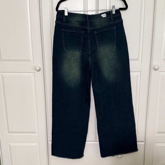Womens XXL Wide Leg High Rise Raw Hem Dark Wash Whiskered Denim Jeans 9125 - Picture 2 of 8